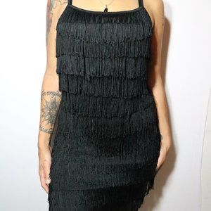 Le Chateau Women's Black Fringe Form Fitting Mini Tank Top Dress Size Medium